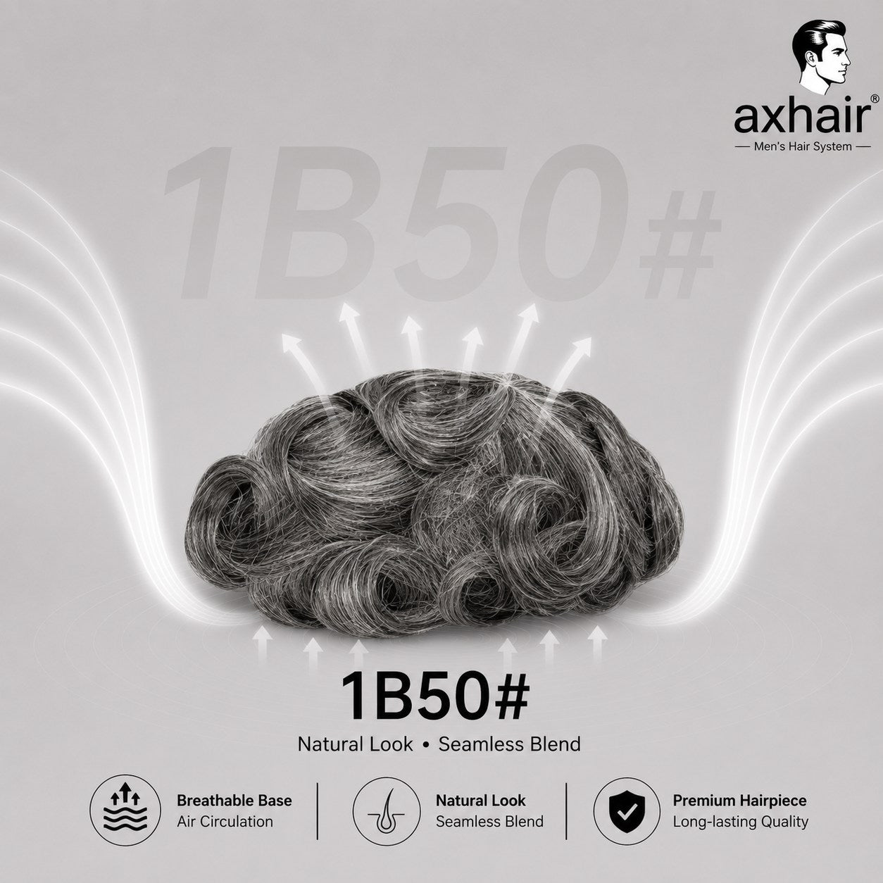 Men's toupee hairpiece, gray-silver wavy curls, #1B50 shade